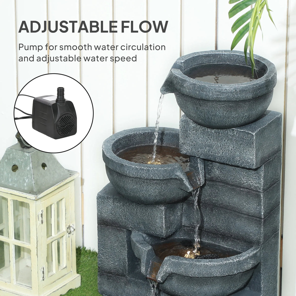 Outsunny 30" Outdoor Fountain with Lights, 4-Tier Resin Cascading Water Bowls Garden Fountain with Pump, Gray