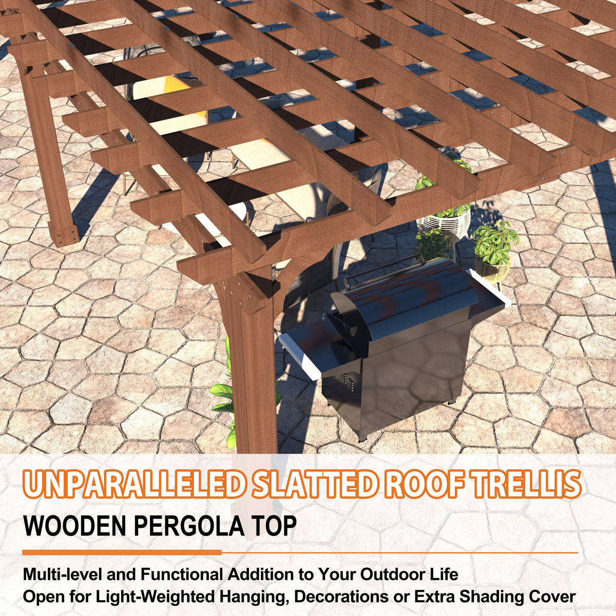 VEIKOUS 12'x10' Cedar Wood Pergola w/ Flat Roof and Ground Stakes for Outdoor Patio, Garden, Deck