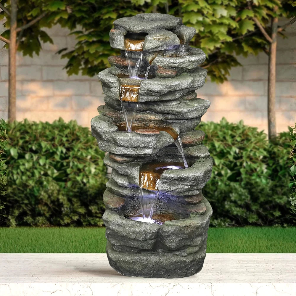32.6-inch Rock Water Fountain with LED Lights Outdoor Waterfall for Garden and Patio Decor