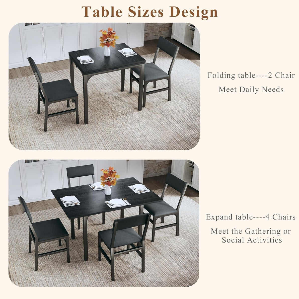 Fairy Dining Table Set for 4, Extendable Kitchen Table Cushion Chairs Set of 4, Rectangle Dining Table with Metal Frame & MDF Board, Folding for Small Apartment Saving Space, Black