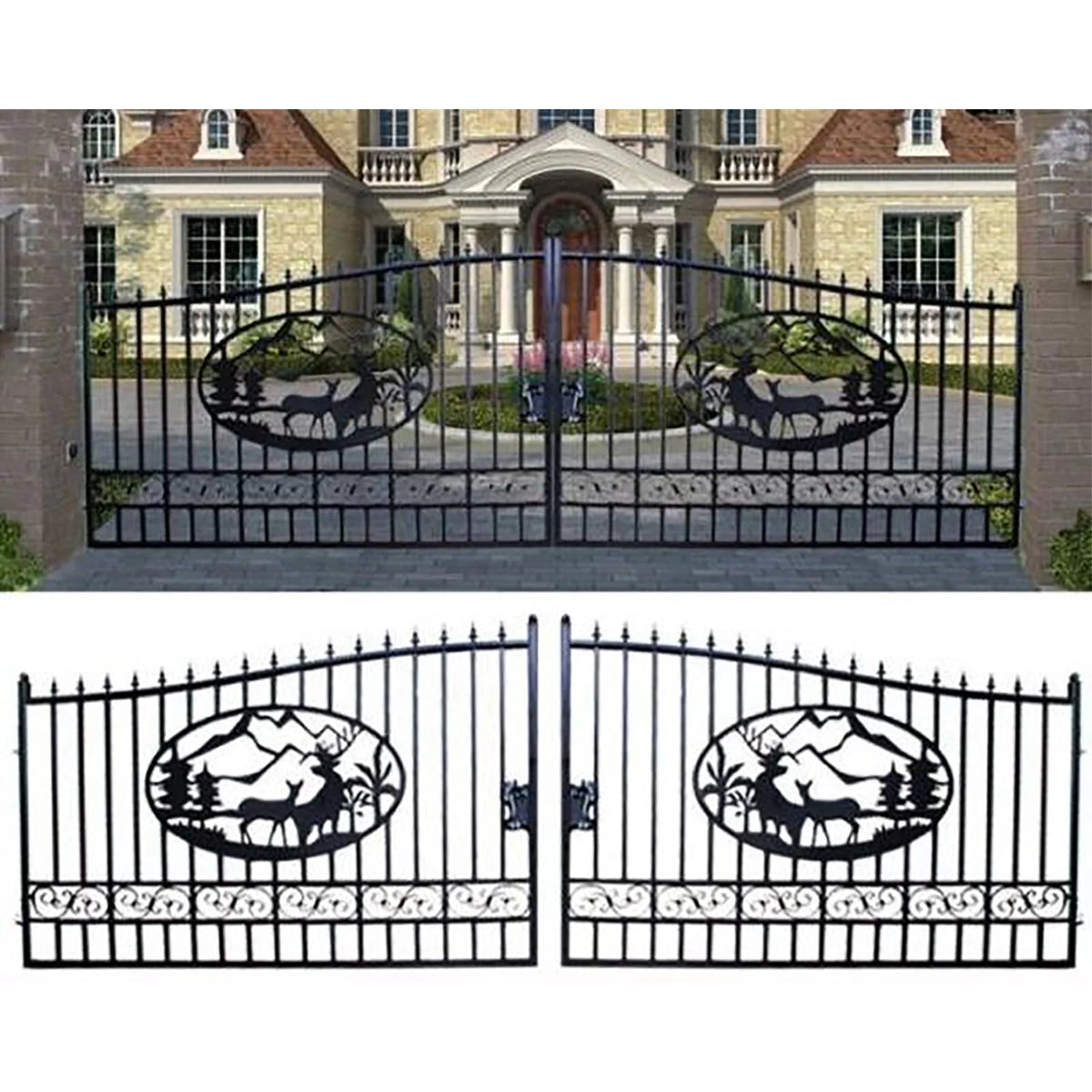 Outdoor Dual Swing Wrought Iron Gate for Driveway, Security Gate, Outdoor Fence Gate, Vienna Style for Yard, Backyard Patio 20'Star