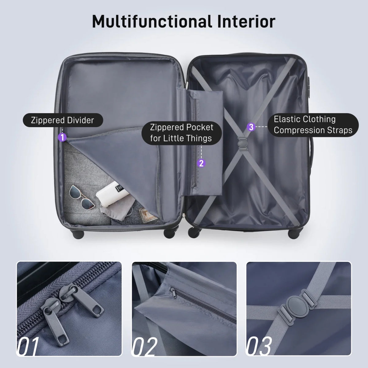 Luggage Sets 3 Piece, Hardside Expandable Ultra Durable PC Lightweight Carry On, Travel Suitcase Set with TSA Lock Spinner Wheels, Multicolor Purple