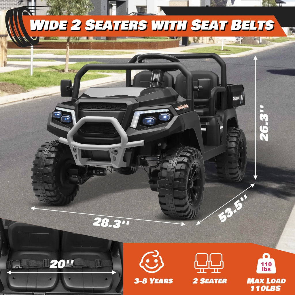 Joyracer 4WD 24 Volt Ride on Toys UTV with 2 Seater & Remote Control, Kids Electric Golf Cart w/ 4x200W Power Motors, Tiltable Trailer & Shovel, 4 Wheels Spring Suspension, Bluetooth USB Music, Black