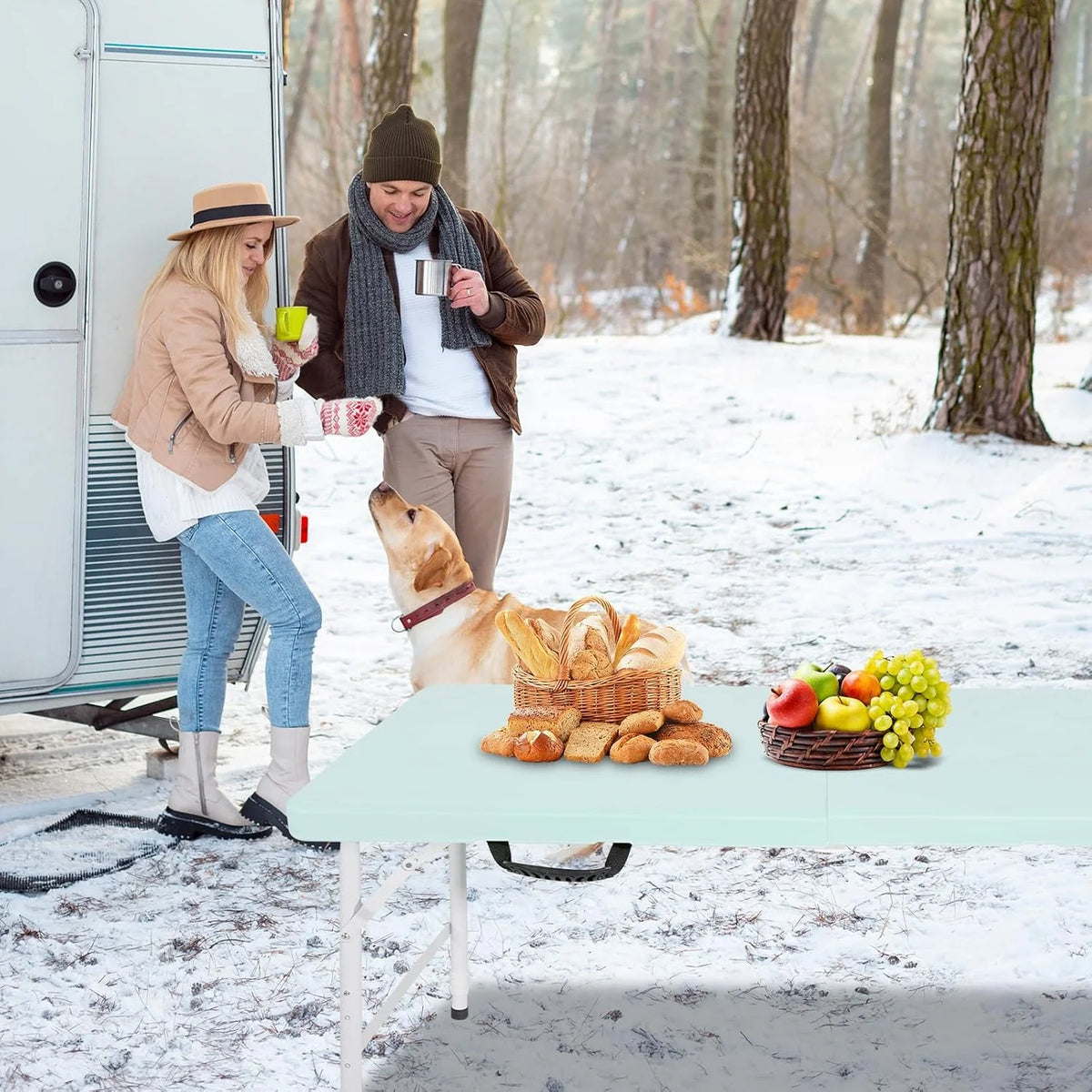 Folding Table with Carry Handle, Portable Fold-in-Half Plastic Table, Rectangle Foldable Table for Indoor
