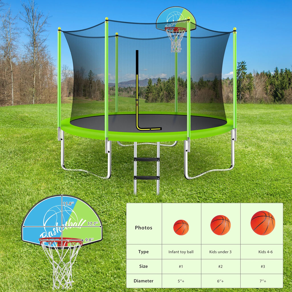 Noble House 8FT Outdoor Trampoline for Kids with Safety Enclosure Net, Basketball Hoop & Ladder, Blue