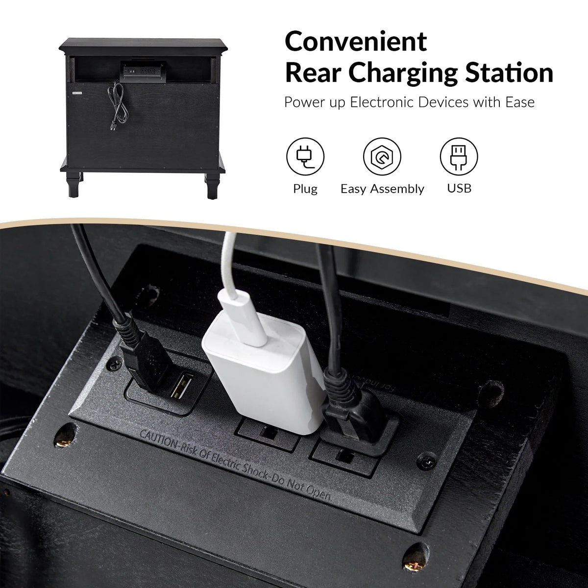Farmhouse 3 Drawers Nightstand with Tray Bedside Table with Charging Station Acorn