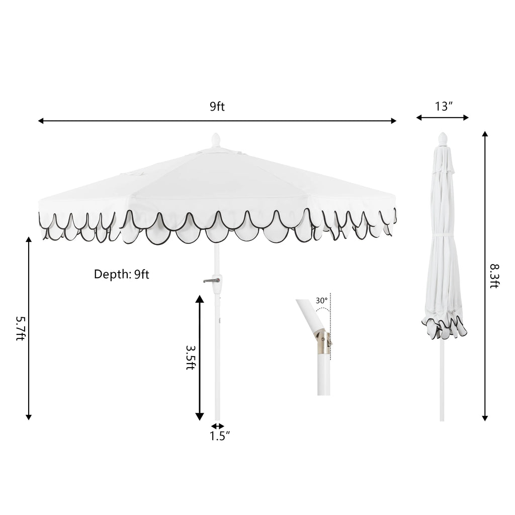 JONATHAN Y Tracy 9 ft. Market Patio Umbrella, Classic Mid-Century Scalloped Fringe, with Auto-Tilt Crank, Wind Vent and UV Protection, Coral Pink/White, Dark Brown Pole