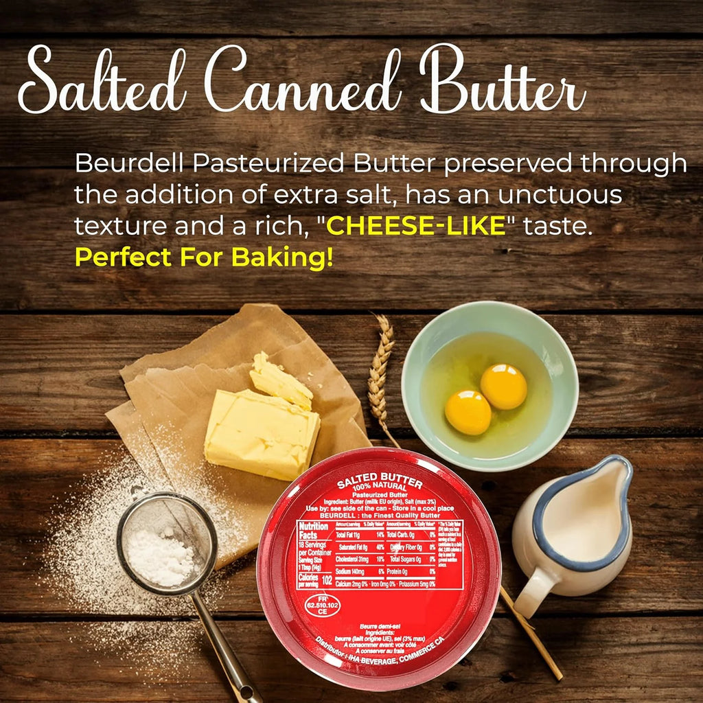 Beurdell Canned French Butter ?100% Natural Salted Pasteurized Real Butter | Long Shelf Life Emergency Survival Food | Great for Cooking, Baking, RV & Camping | Pull Top Lid | Pack of 24 | France