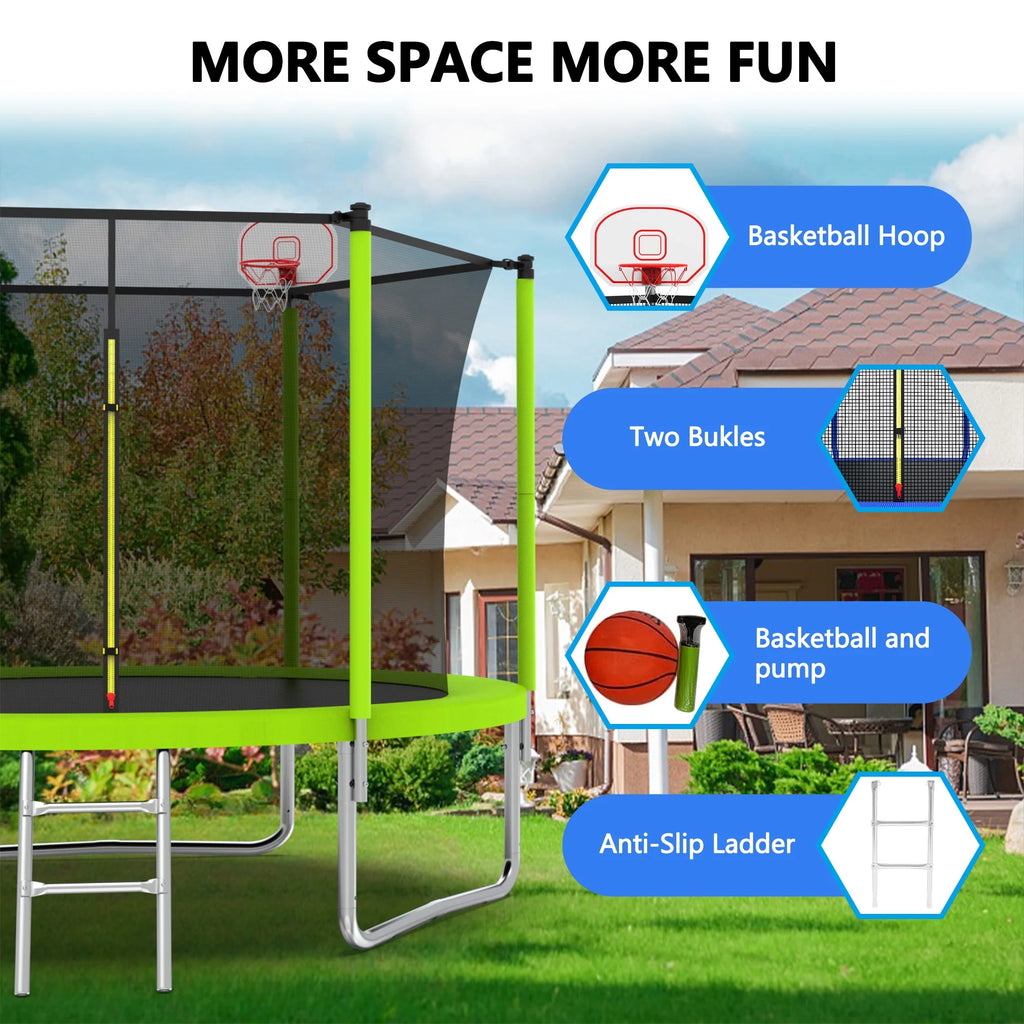 8FT Trampoline for Kids,Outdoor Trampoline with Basketball Hoop,Heavy-Duty Trampoline with Safety Enclosure Net,Blue