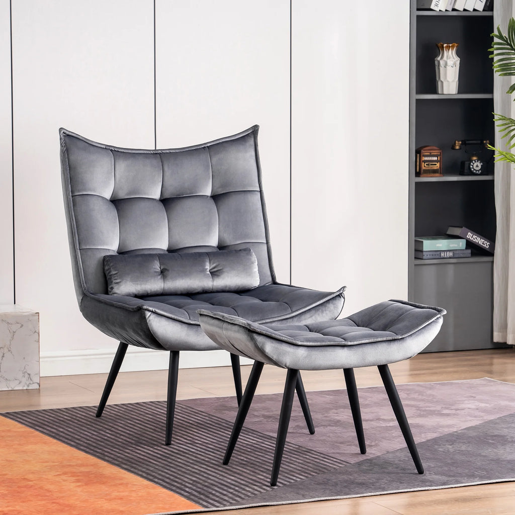 MCombo Accent Chair with Ottoman, Velvet Modern Chairs with Metal Legs for Living Room 4079 (Yellow)