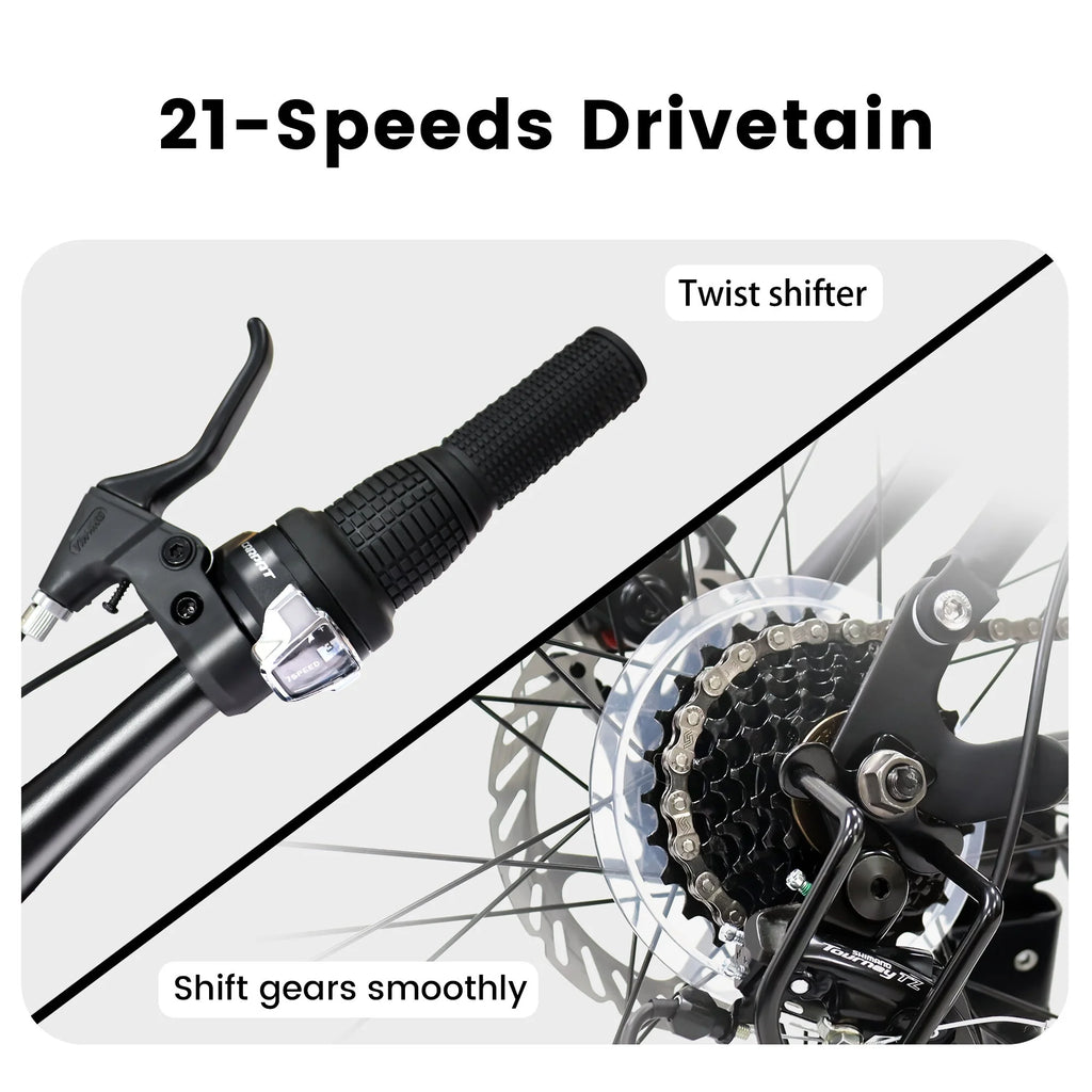 Outdoor Bike A2660 26 Inch Mountain Bike, 21-Speed Disc Brakes, Durable Frame, Front, Rear Dual-Shock Absorption, Unisex for Commuting, Travel, School, Mountain and City Road Cycling,Mountain Bike fo