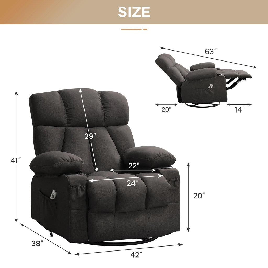 JONPONY Manual Recliner Chair with Heat Therapy and Massage Function, Heavy Duty Reclining Mechanism Massage Chair, Elderly Single Rocker Sofa with Cup Holders for Bedroom Home Theater,Grey