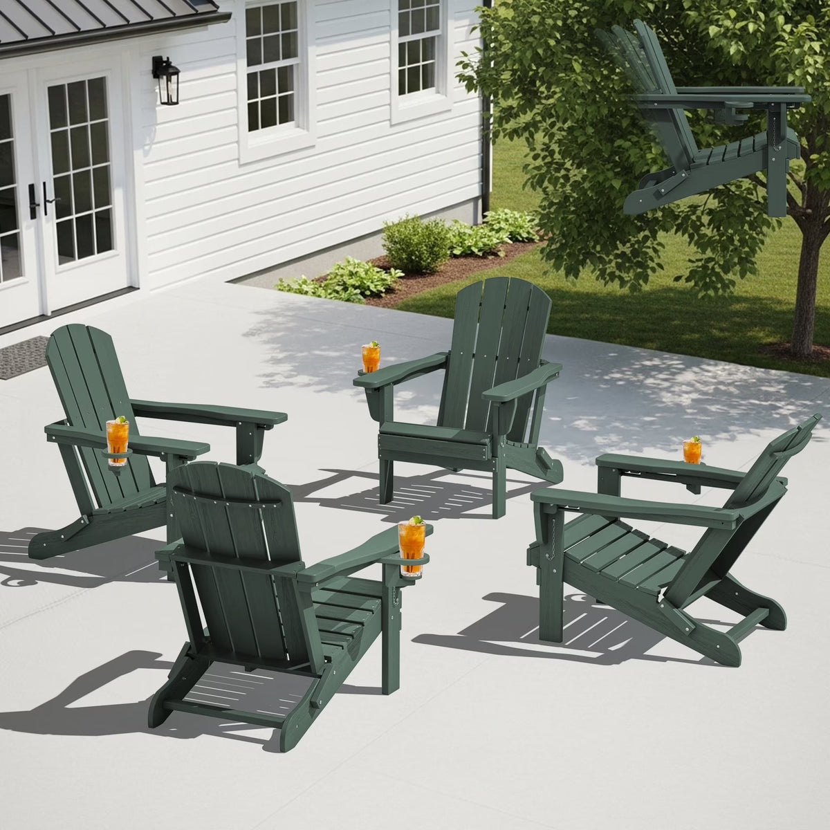 SERWALL Outdoor Adjustable Folding HDPE Adirondack Chairs Set of 2 with Cup Holder, Gray