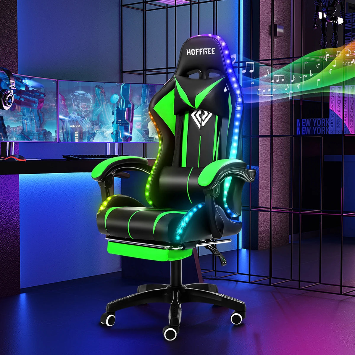 Hoffree Gaming Chair with Bluetooth Speakers and Footrest Massage Office Chair with LED Lights Ergonomic Game Chair High Back with Lumbar Support and Headrest Adjustable Swivel for Adults 300lb