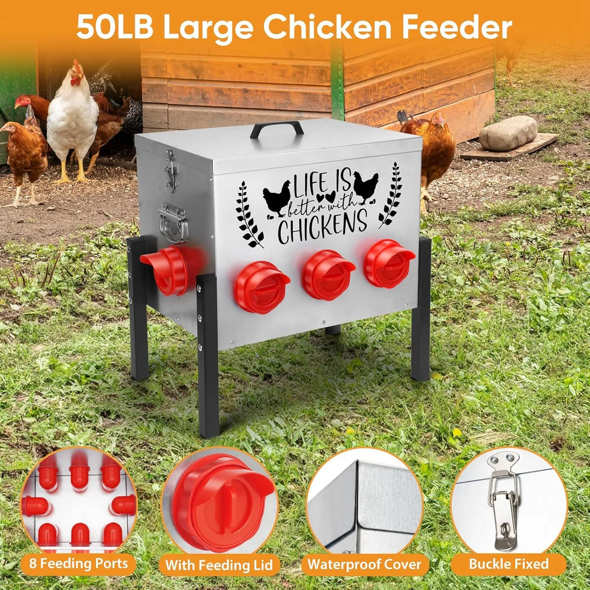 50LB Large Automatic Chicken Feeder 8 Feeding Ports, No-Waste Poultry Feeder, with Adjustable Legs & Locking Lid