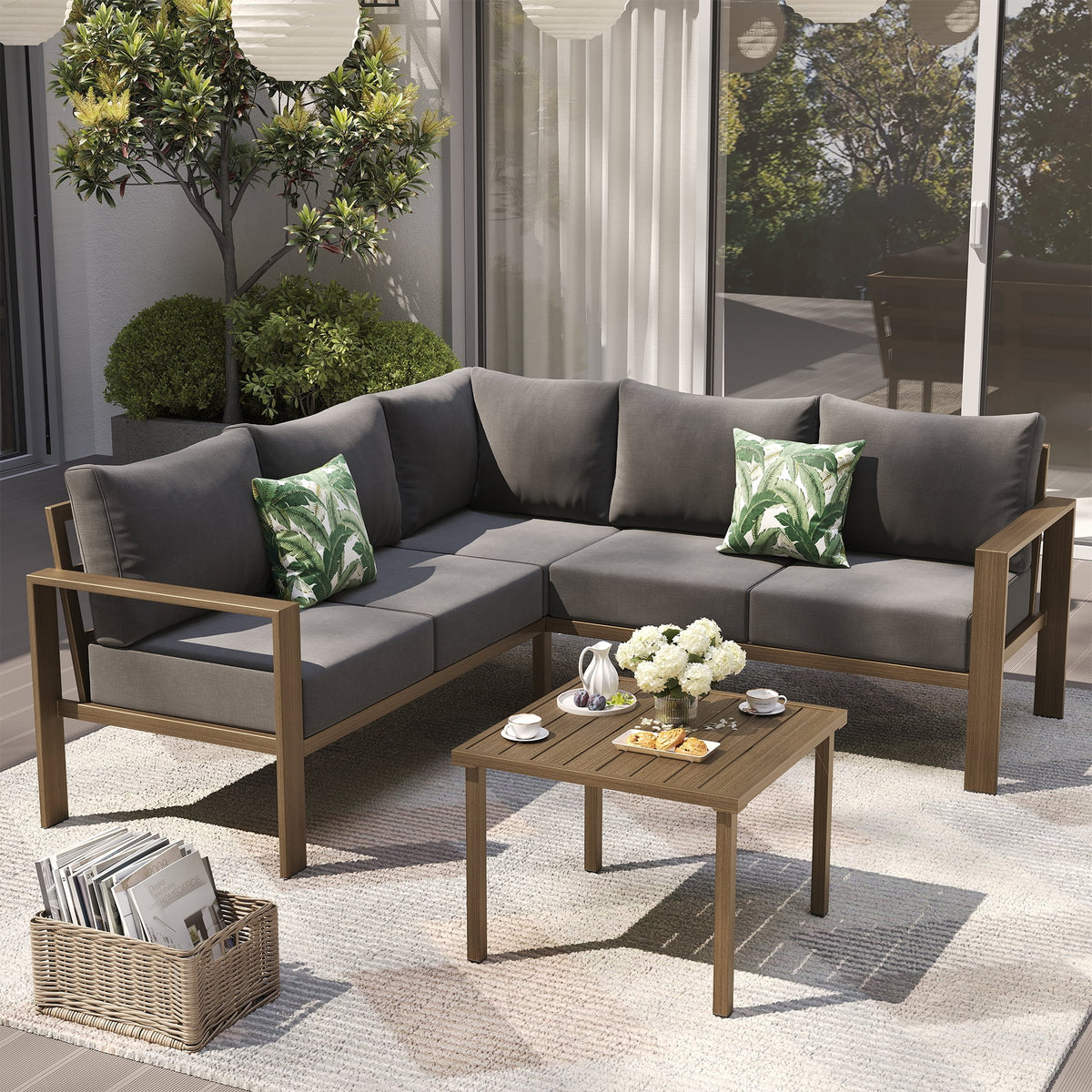 ELPOSUN 6 Pieces Patio Furniture Sets with 6" Thick Olefin Cushions, Metal Outdoor Sectional Furniture L Shape Patio Conversation Sets for Garden, Backyard Beige