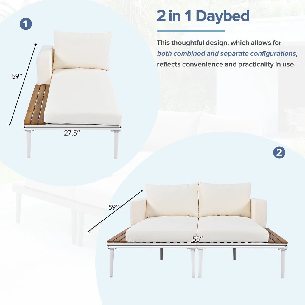 Harper & Bright Designs Patio Outdoor Metal Daybed for 2, All Weather Outdoor Chaise Lounges Reclining Chairs with Wood Topped Side Spaces for Drinks for Poolside Balcony Deck, Gray