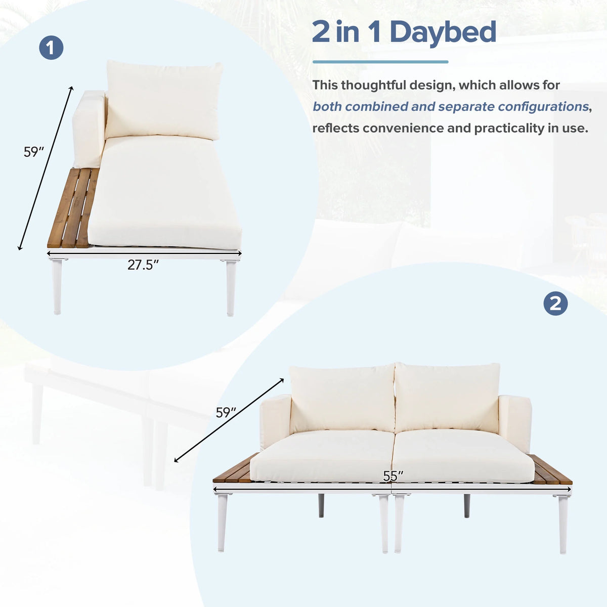 Harper & Bright Designs Patio Outdoor Metal Daybed for 2, All Weather Outdoor Chaise Lounges Reclining Chairs with Wood Topped Side Spaces for Drinks for Poolside Balcony Deck, Gray