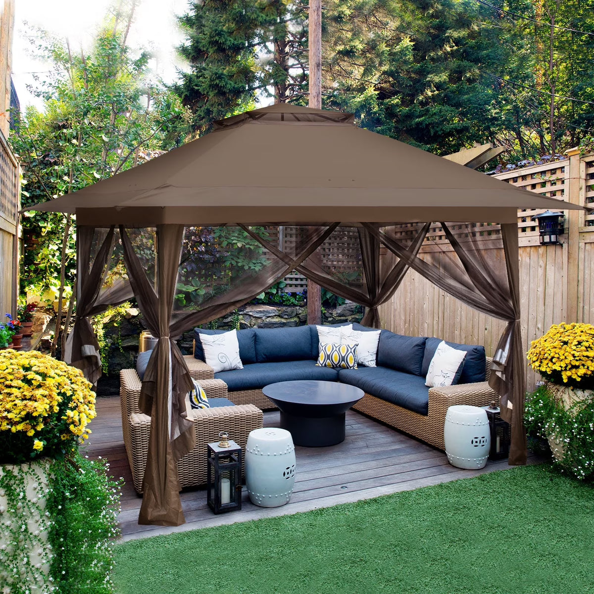 EAGLE PEAK 13' x 13' Pop-Up Gazebo Tent Instant w/Mosquito Netting，Outdoor Gazebo Canopy Easy Set-up Folding Shelter (Beige/Brown)