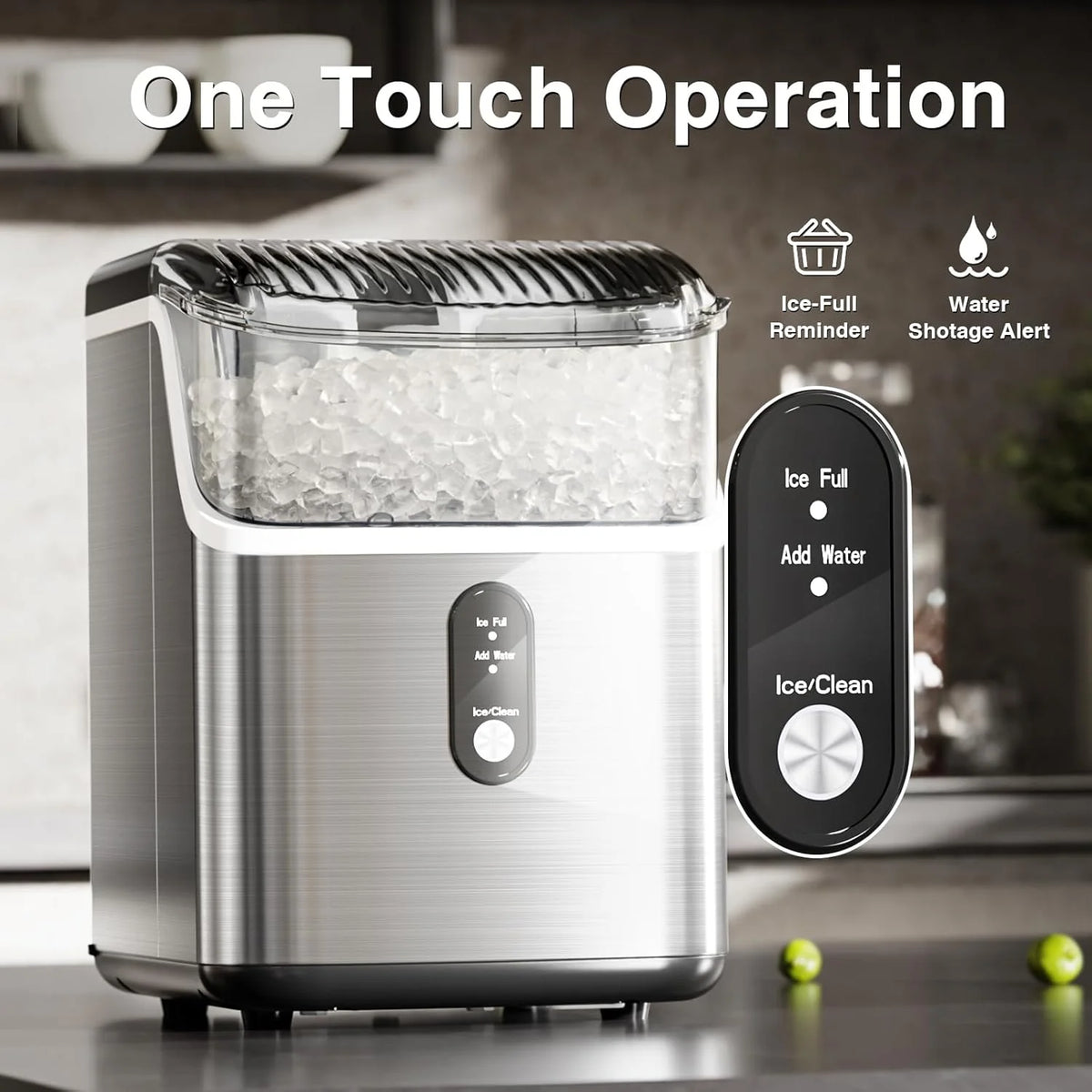 Nugget Ice Makers Countertop, Pebble Ice Machine with Chewable Pellet Ice, 34Lbs/24H, Self-Cleaning, Sonic Ice, One-Click Operation, for Kitchen,Office Stainless Steel Silver