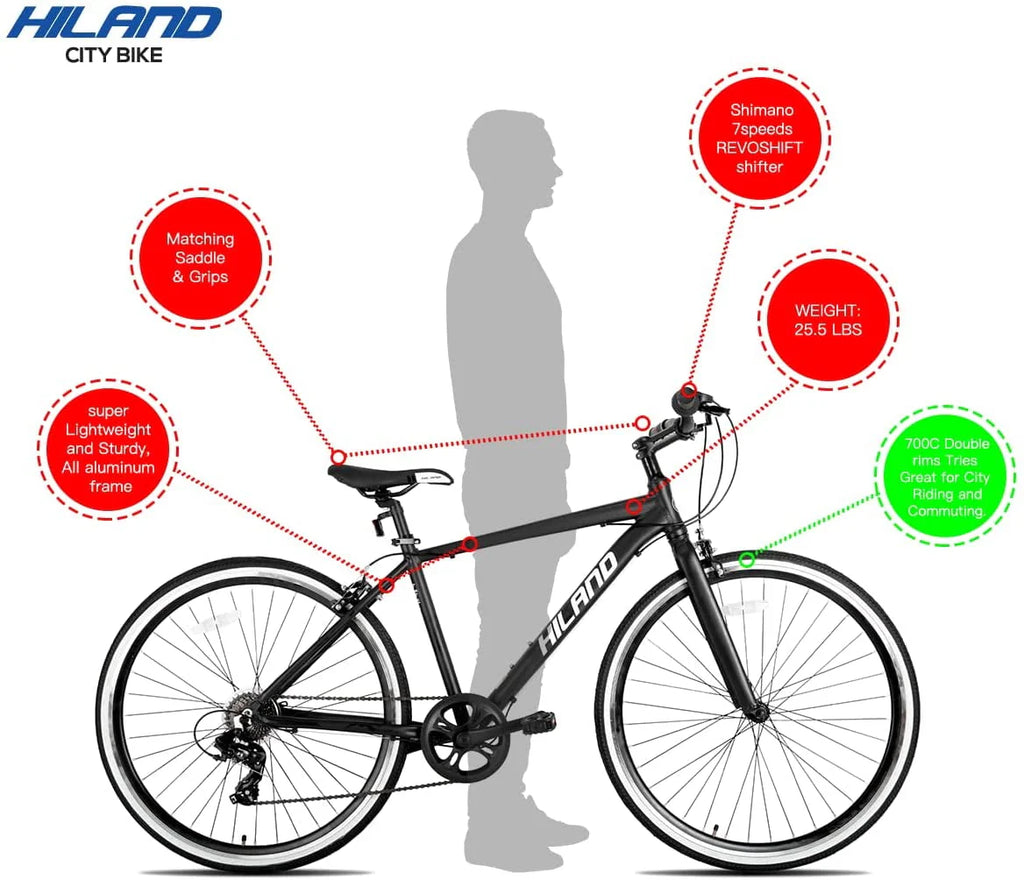 Hiland Hybrid Bike, Shimano Drivetrain 7 Speeds, 700C Wheels for Men Women Ladies Commuter Bike City Bike