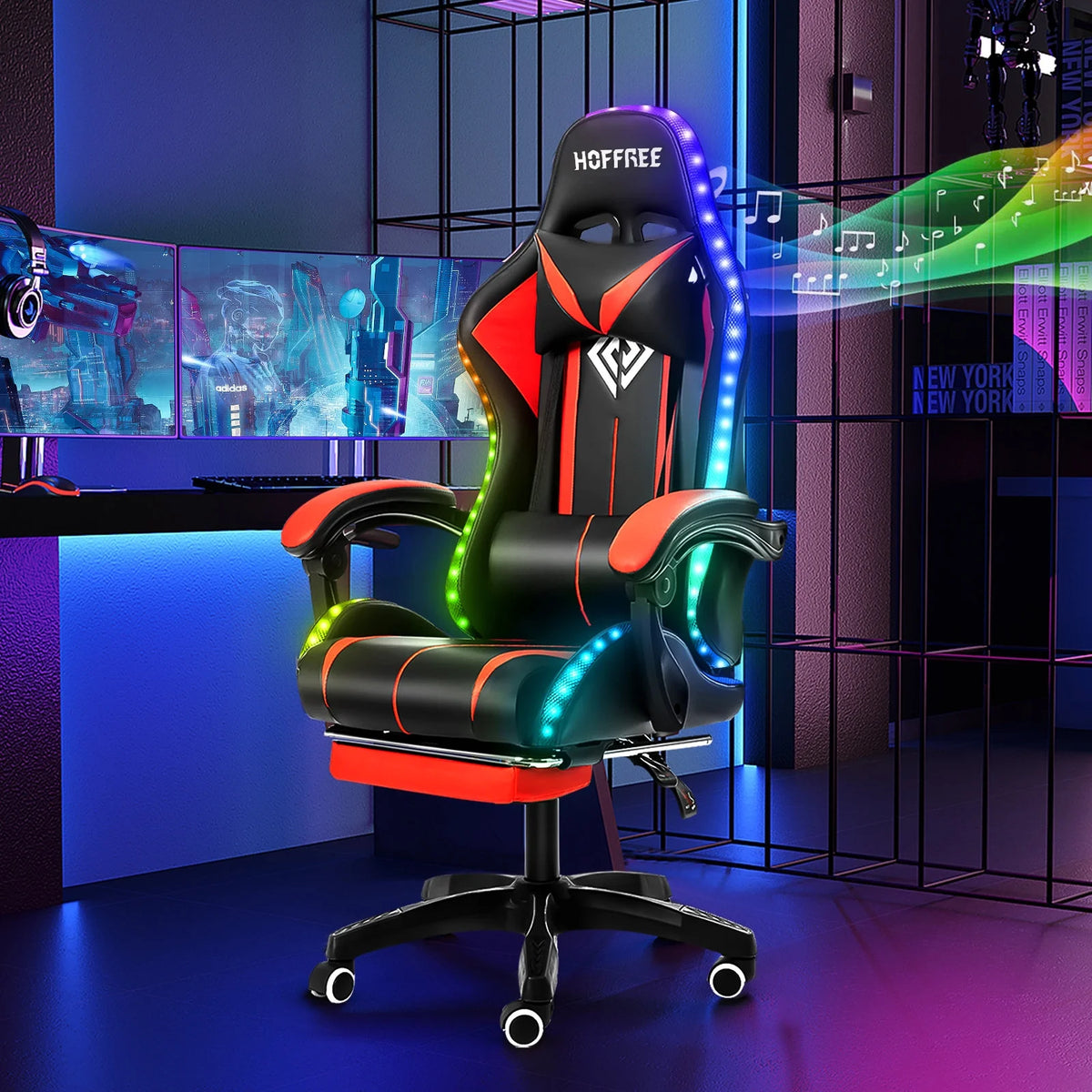 Hoffree Gaming Chair with Bluetooth Speakers and Footrest Massage Office Chair with LED Lights Ergonomic Game Chair High Back with Lumbar Support and Headrest Adjustable Swivel for Adults 300lb