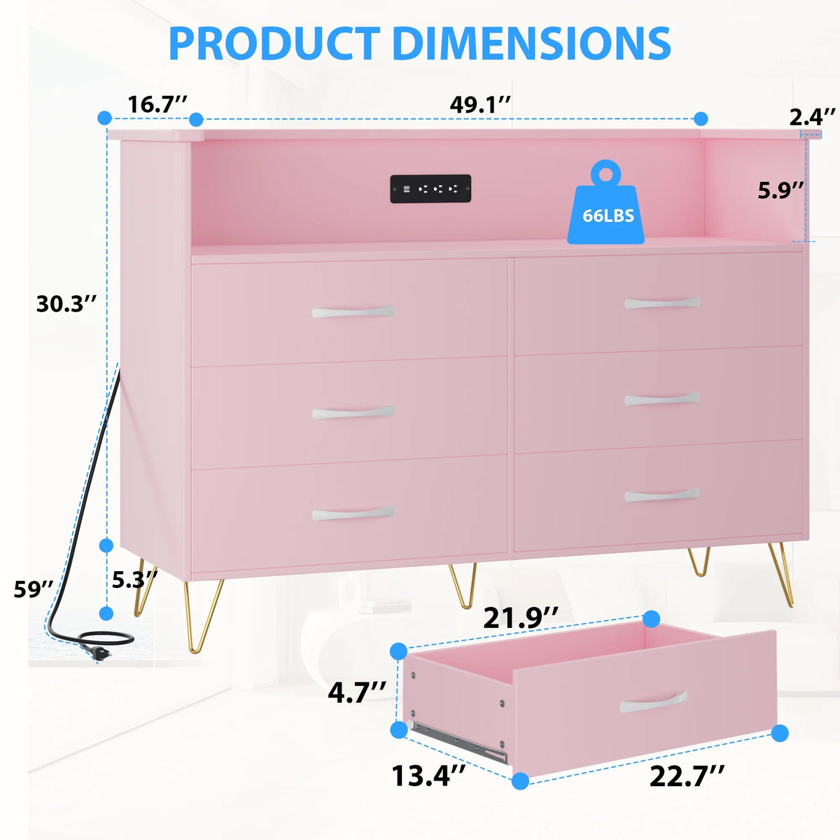 Garvee Dresser for Bedroom 6 Drawer with LED Light & Charging Station, Wooden Dressers and Chests of Drawers with 2-Tier Open Shelves, Wide Dresser Organizer for Living Room Hallway Entryway, Pink