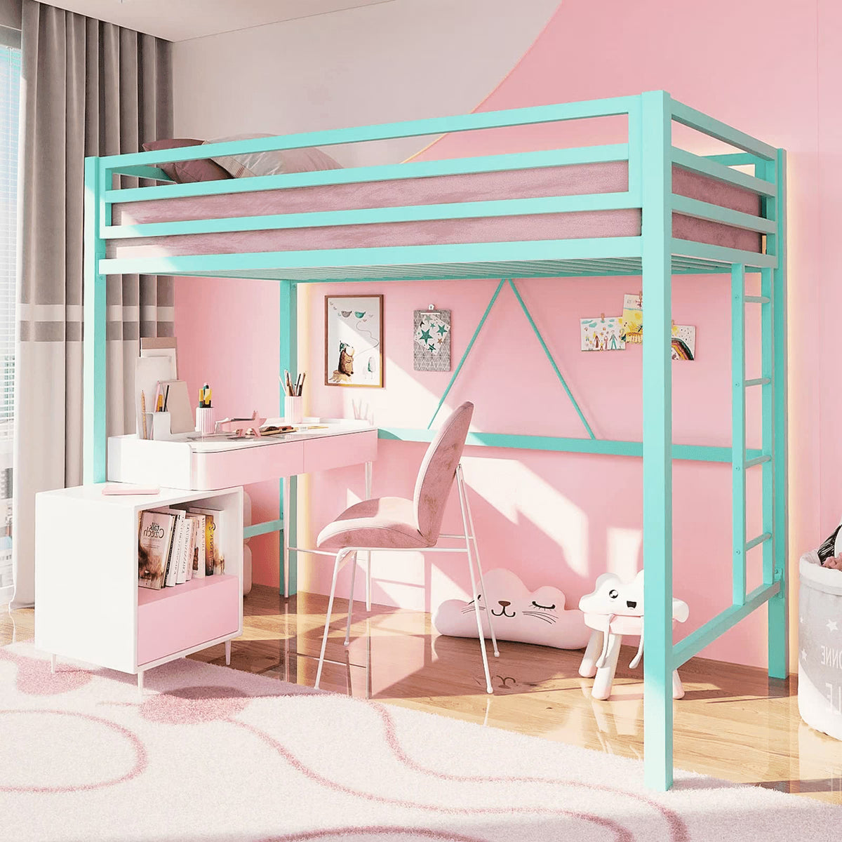 Einfach Metal Twin Size Loft Bed with Removable Ladder & Full-Length Guardrail, White