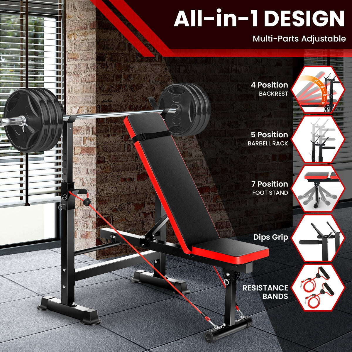 VIBESPARK Adjustable Weight Bench 600lbs 5-in-1 Foldable Workout Bench Set with Barbell Rack Leg Developer Preacher Curl Rack Dumbbell Fly Attachment, Multi-Function Strength Training Bench Press