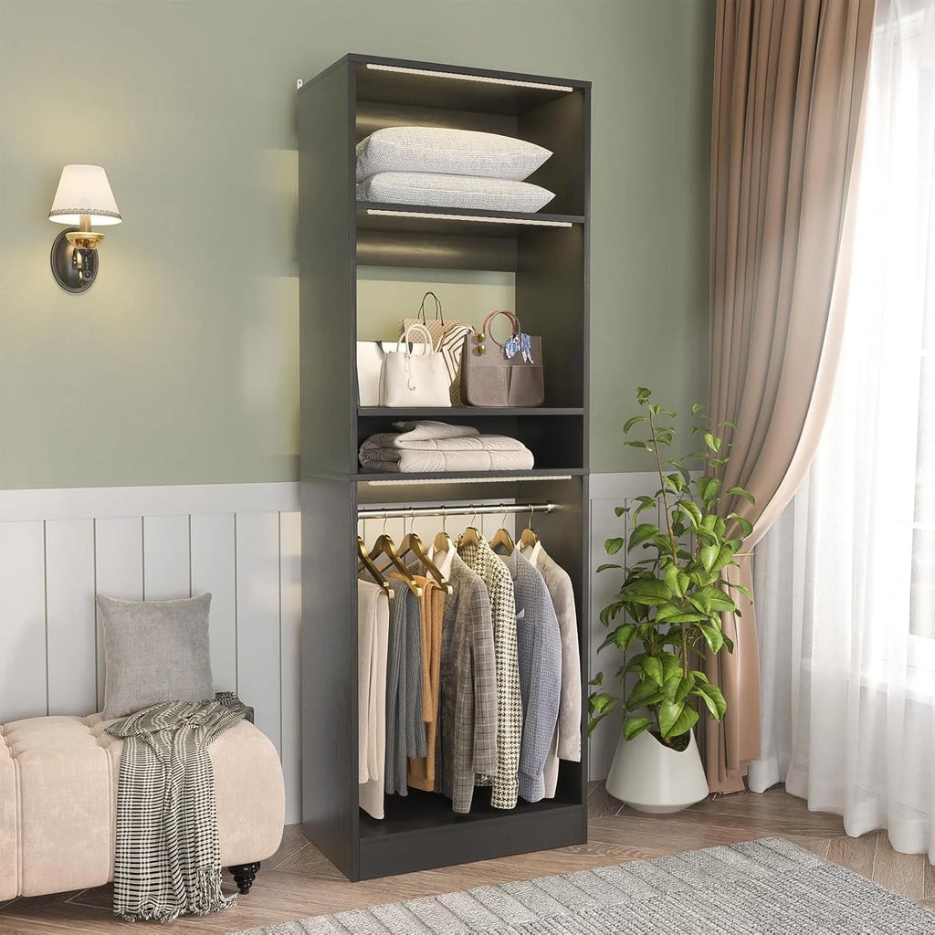 Homieasy 25 Closet System, Freestanding Closet Organizer Wardrobe with Hanging Rods and Shelves, Adjustable Clothes Garment Rack, Sturdy Walk in Closet Tower, White