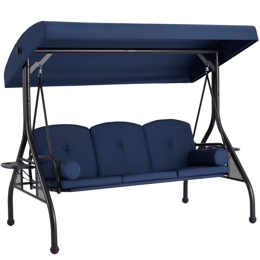 Homrest 3 Seat Outdoor Porch Swing with Adjustable Canopy, Cushions, and Cup Holder - Wine Red