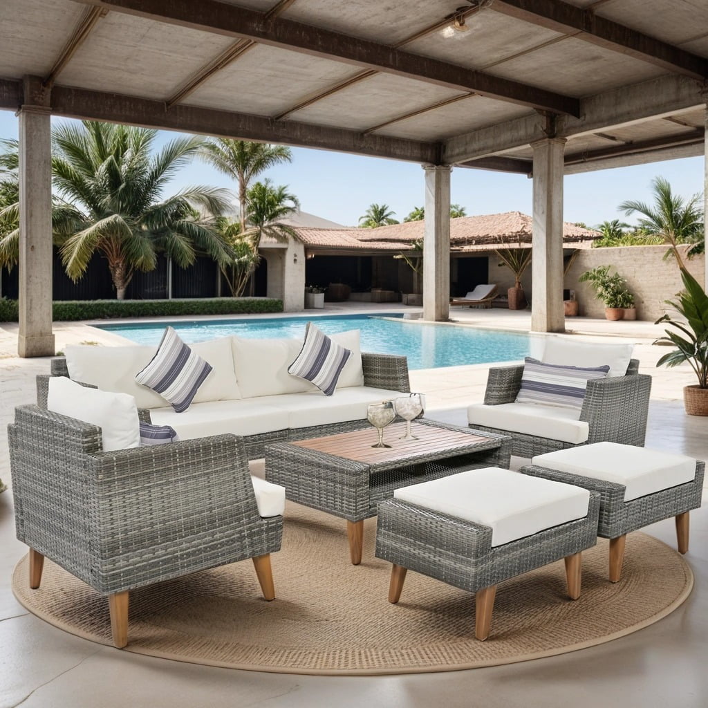 6 Pieces Wicker Patio Furniture Set Outdoor Conversation Set, All Weather PE Rattan Sectional Sofa Couch with Storage Table and Cushions, Beige