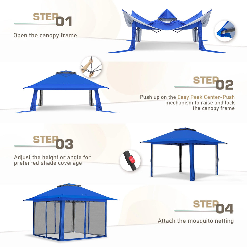 EAGLE PEAK 13' x 13' Pop-Up Gazebo Tent Instant w/Mosquito Netting，Outdoor Gazebo Canopy Easy Set-up Folding Shelter (Beige/Brown)