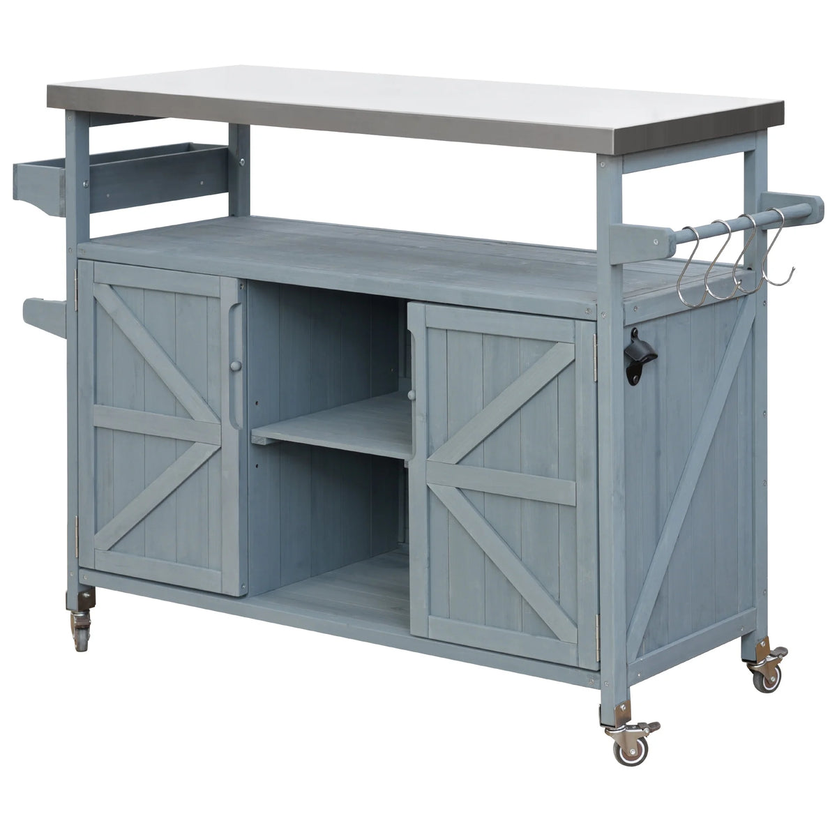 Outdoor Kitchen Island, Rolling Bar Cart & Storage Cabinet, Farmhouse Solid Wood Outdoor Grill Table with Stainless Steel Top, Spice Rack , Towel Rack for Kitchen & BBQ , Natural
