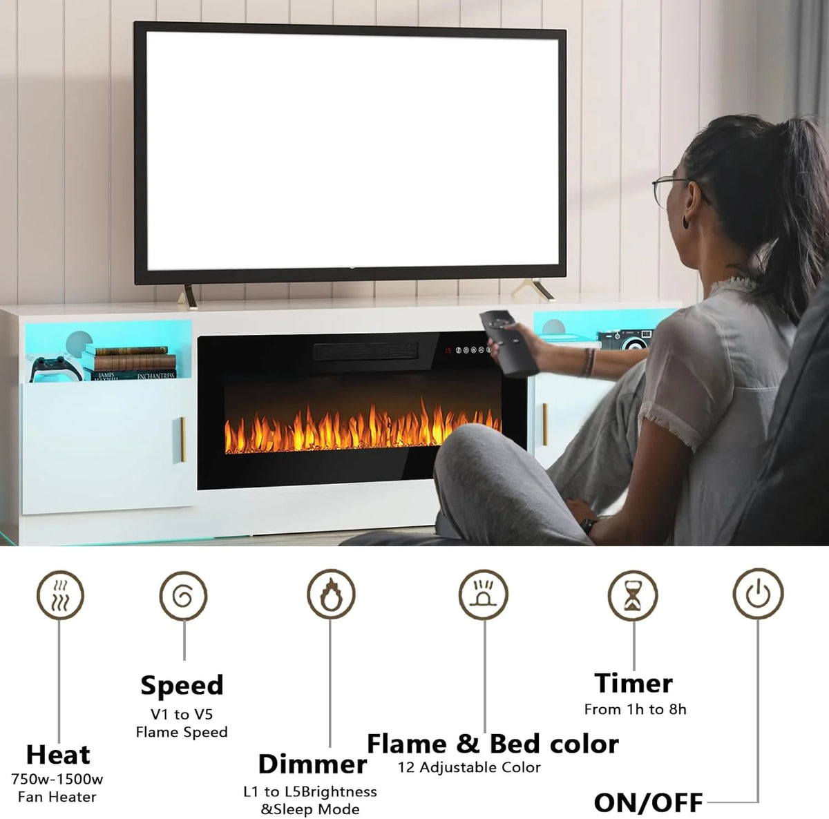 Waleaf Fireplace tv Stand with 36 inch Fireplace Up to 80" TVs,LED Light Entertainment Center and Storage