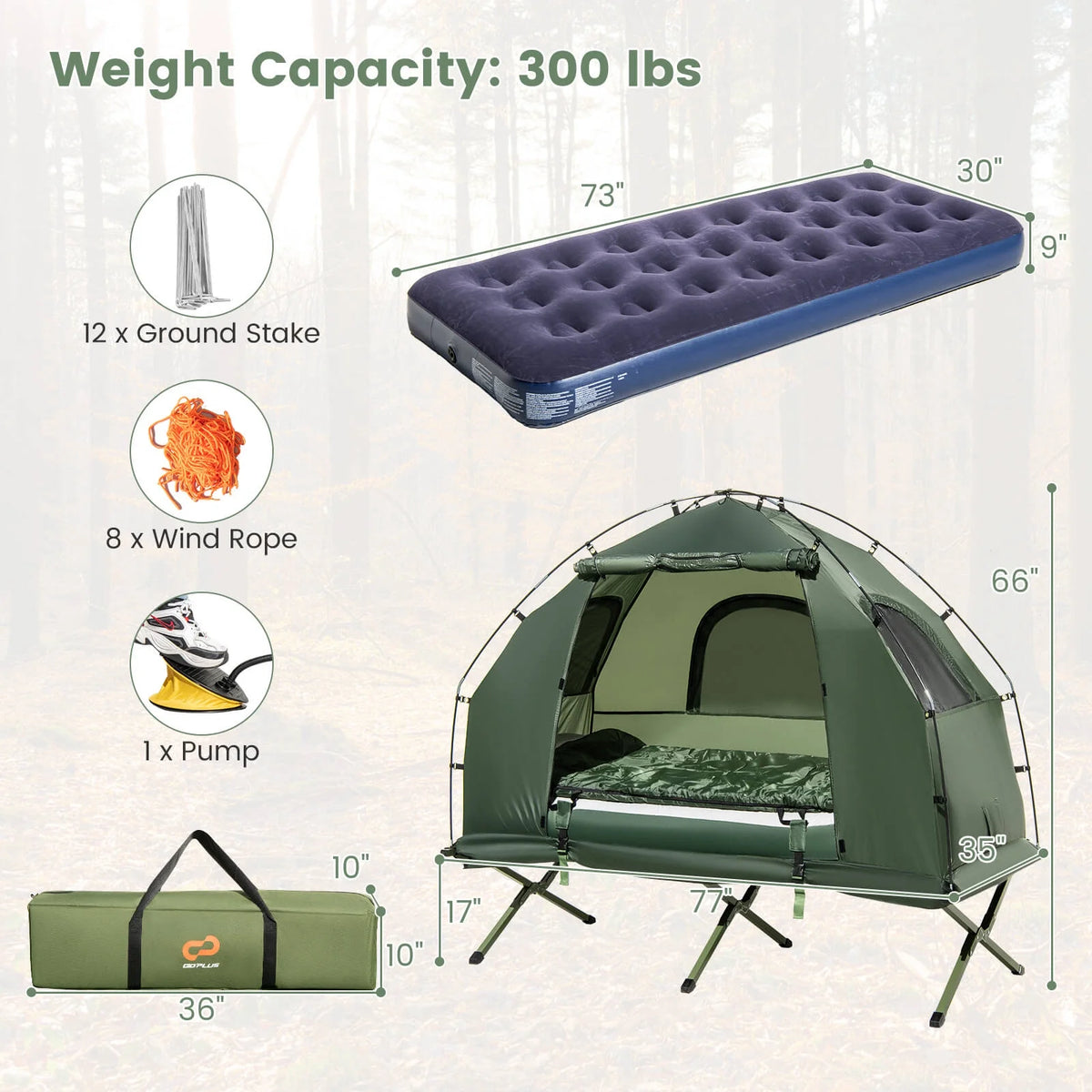 Goplus 1-Person Waterproof Camping Tent Cot with Air Mattress, Pillow, Sleeping Bag