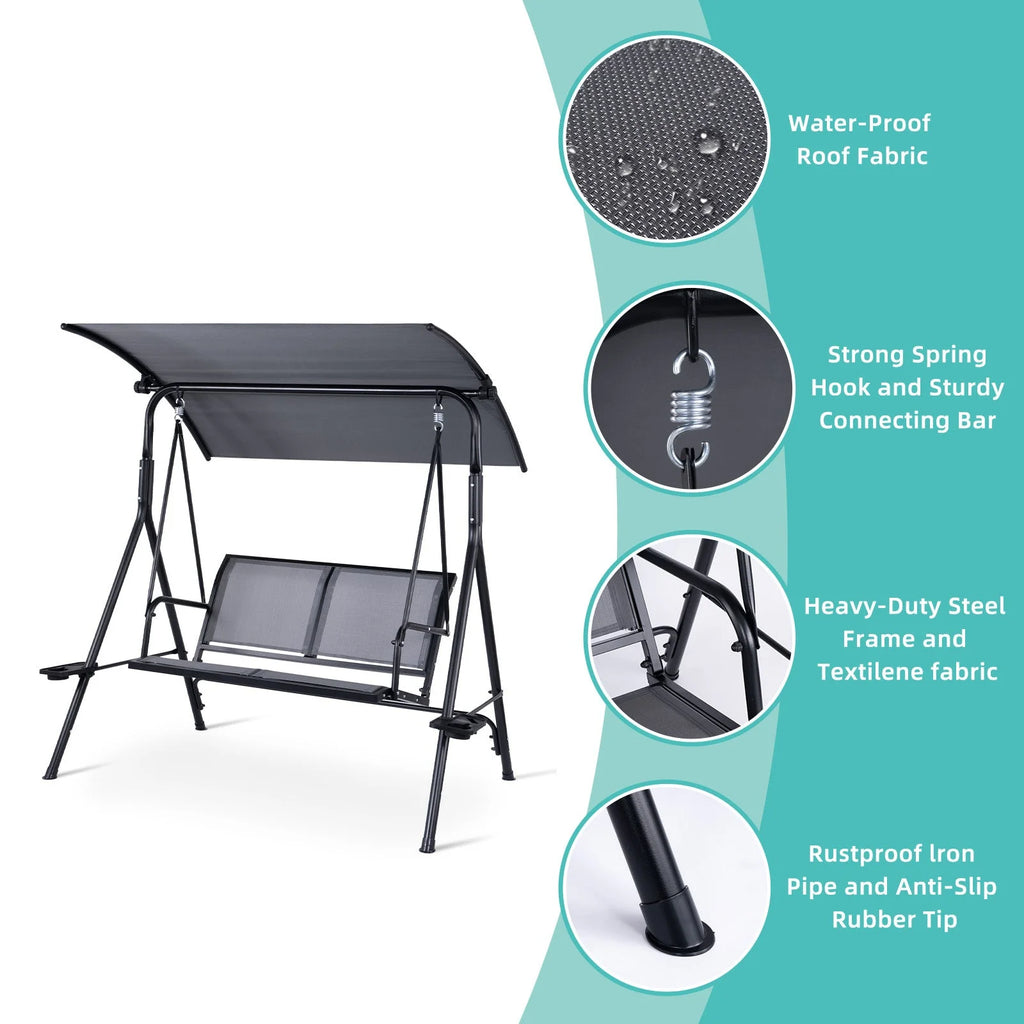2 Person Patio Swing with Grey Sling Fabric and Black Metal Frame - 450 lbs Weight Capacity