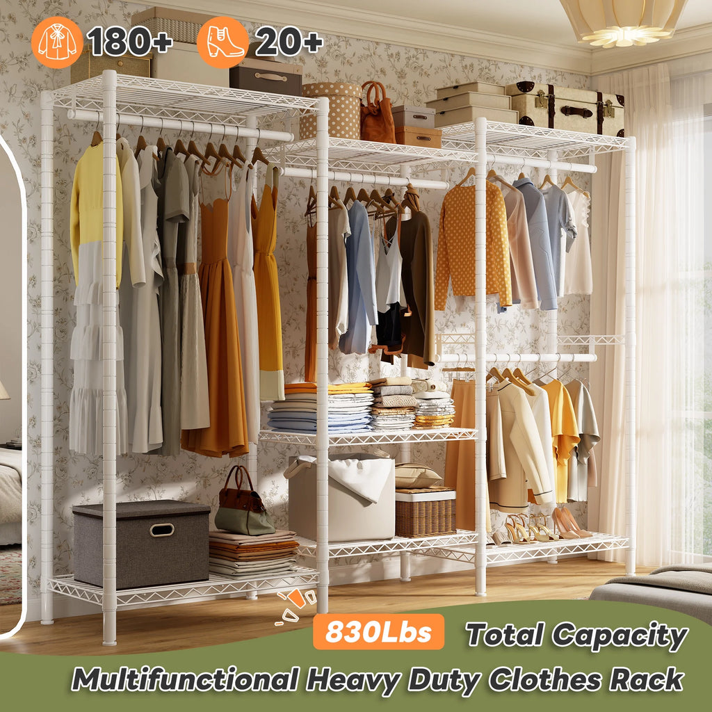 EnHomee 830 LBS Clothes Rack Heavy Duty Garment Rack with 4 Rods & 7 Shelves, Adjustable Metal Closet Organizer 77"H x 69"W x 16"D Black