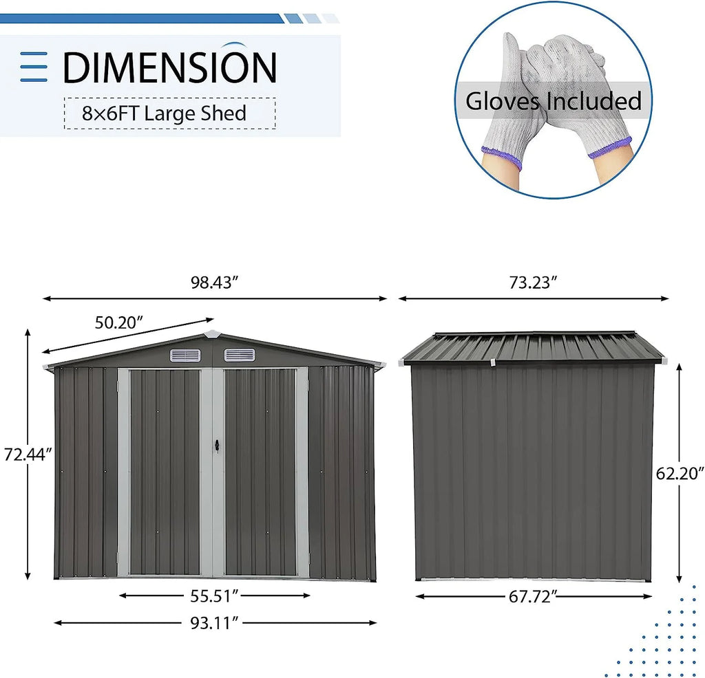 JOIVI 8'x6' Outdoor Storage Shed, Galvanized Metal Tool Storage Shed, Weather Resistant Garden Shed W/Lock for Backyard Patio Lawn, Brown