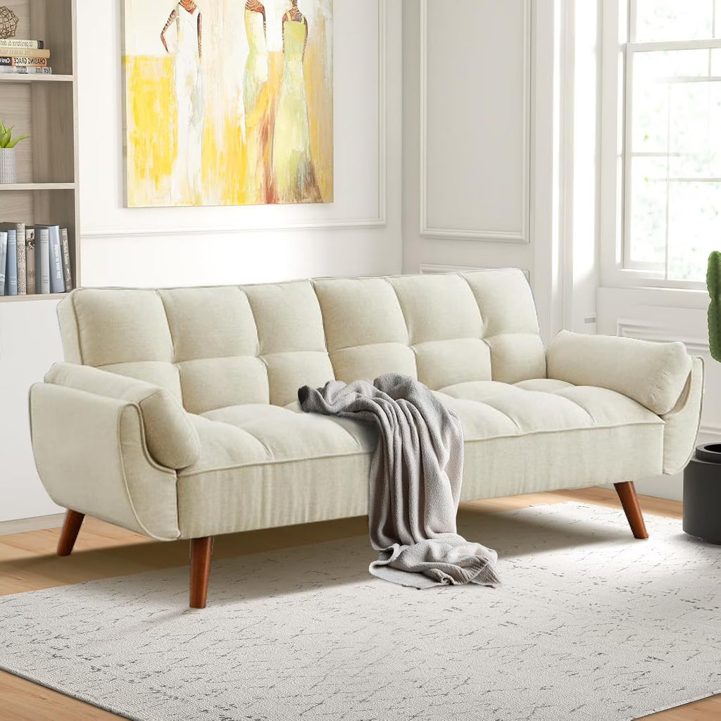 Mydepot Convertible Futon Sofa Bed, Adjustable Couch Sleeper Modern Fabric Recliner Reversible Loveseat Folding Daybed Guest Bed, Armrests, Yellow