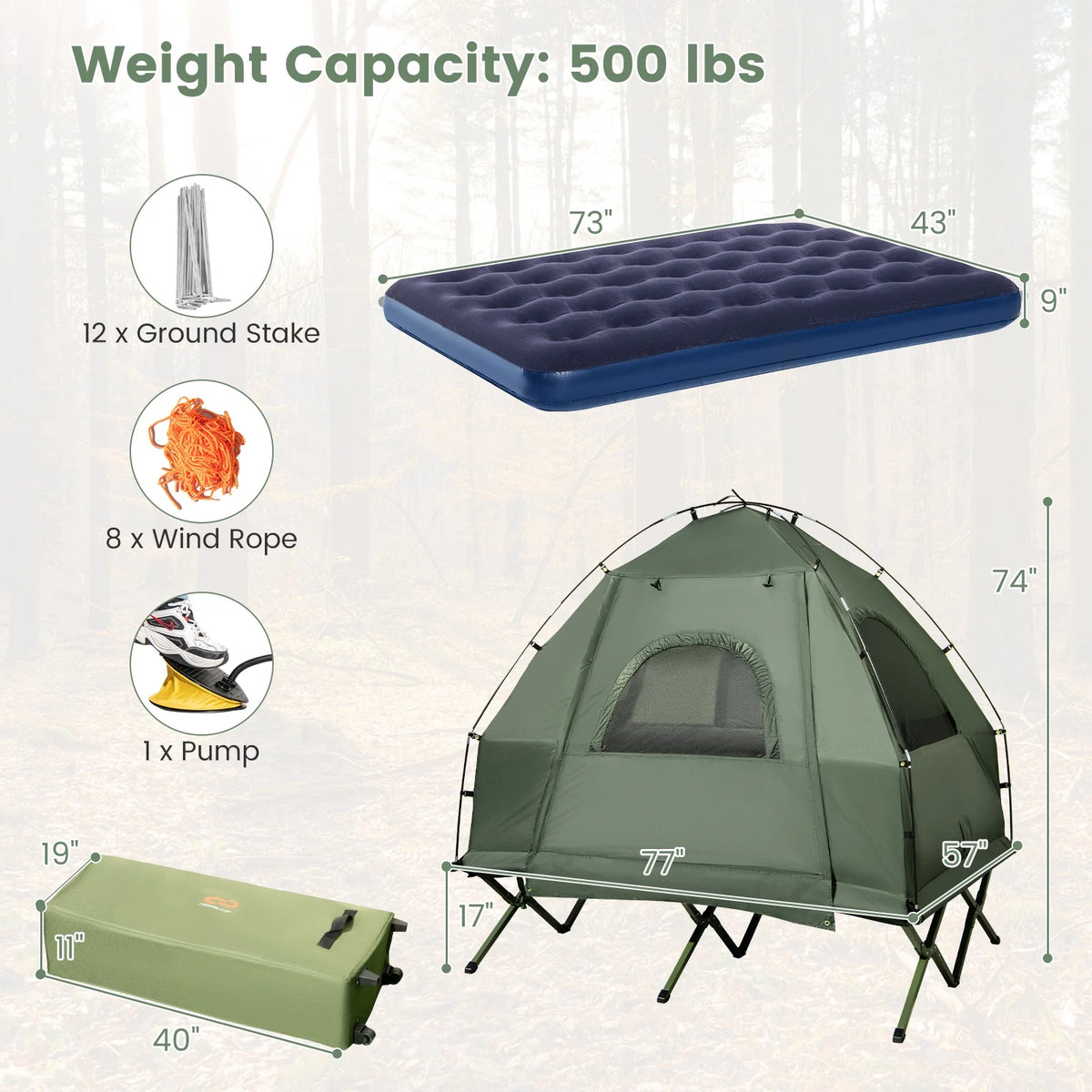 Gymax 2-Person Camping Tent Cot 5-in-1 Folding Camping Bed w/ Air Mattress Pillow Sleeping Bag