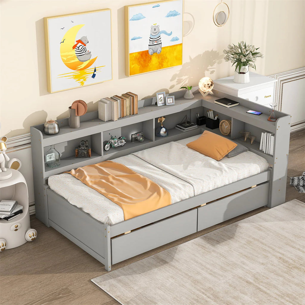 Twin Bed with L-Shaped Bookcases and Two Drawers,Solid Wood Platform Bed Frame with Bookcases Headboard and Wood Slats Support,Twin Size Daybed Frame for Bedroom Living Room,No Box Spring Needed,Gray