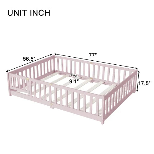 Bellemave Full Size Floor Bed with Door and Fence Floor Bed with Bed Slats Sturdy Wood Floor Bed Montessori Bed Frame (Full, Pink)