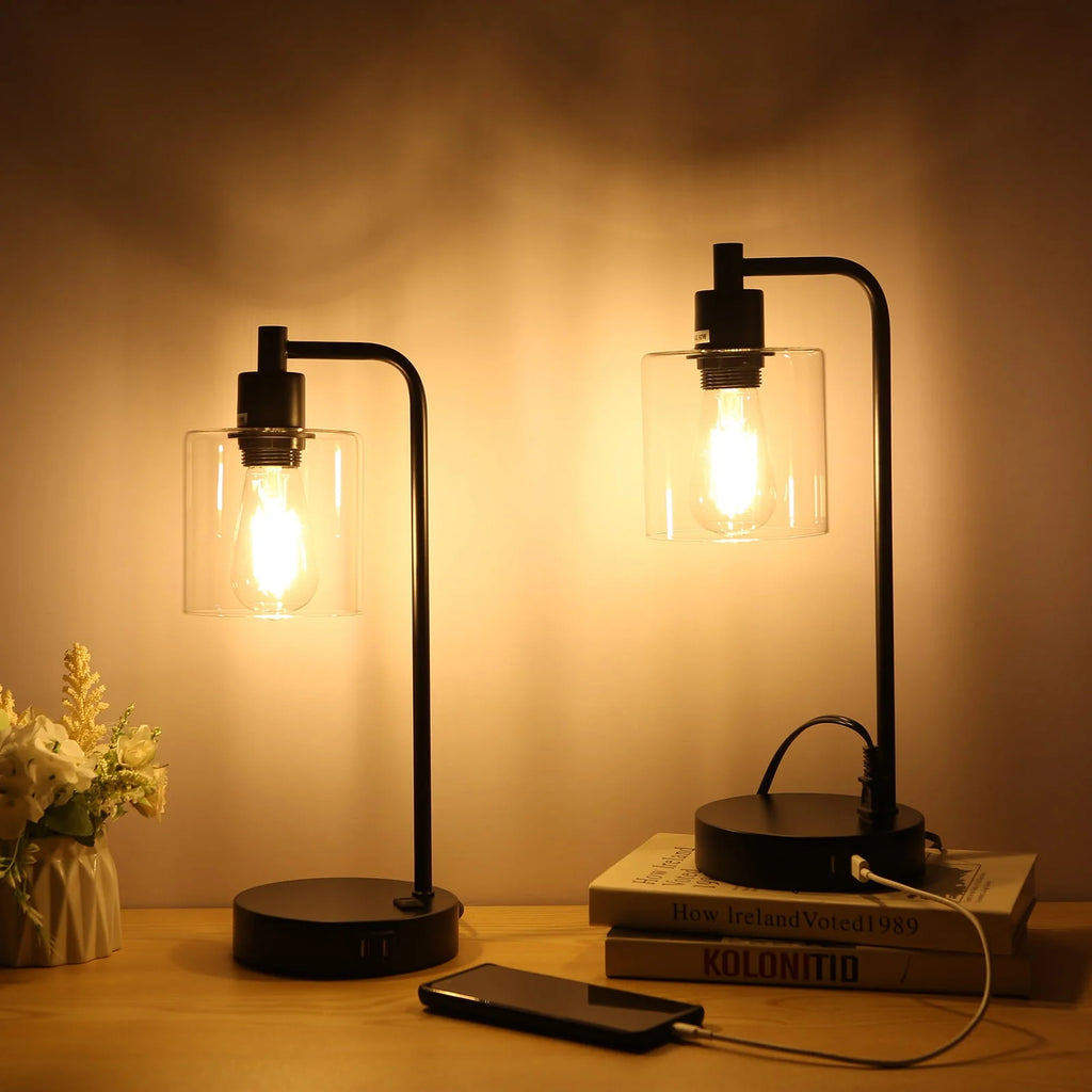 Neoglint Set of 2 Industrial Table Lamps, Black Touch Control 3-Way Dimmable, 2 USB Ports & AC Outlet Bedside Nightstand Lamps