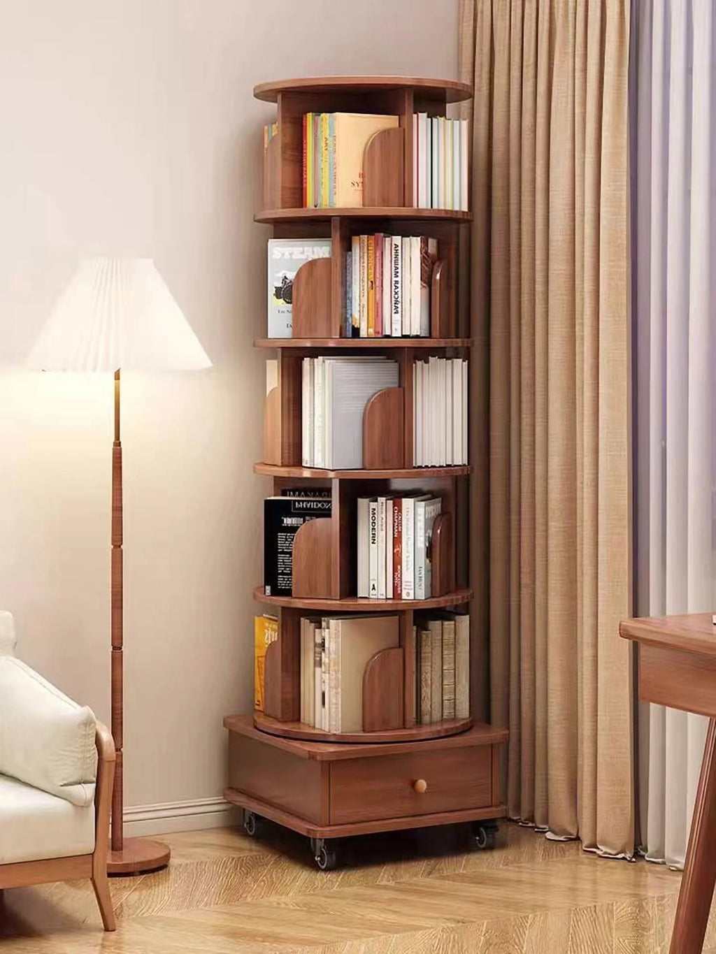 Qiushi 6-Tier Round Rotating Bookshelf with Storage Drawer, 360 Spinning Corner Bookshelf Tower for Small Space, Bookcase Storage Rack with Wheels, Wood Narrow Organizer for Bedroom, Living Room