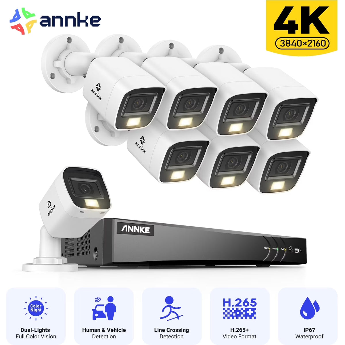 ANNKE 4K Security Camera System, 8CH 8MP AI DVR with Human & Vehicle Detection, 0TB HDD and 8x4K IP67 Bullet Home & Surveillance Cameras, Easy Remote View, Smart Dual Light