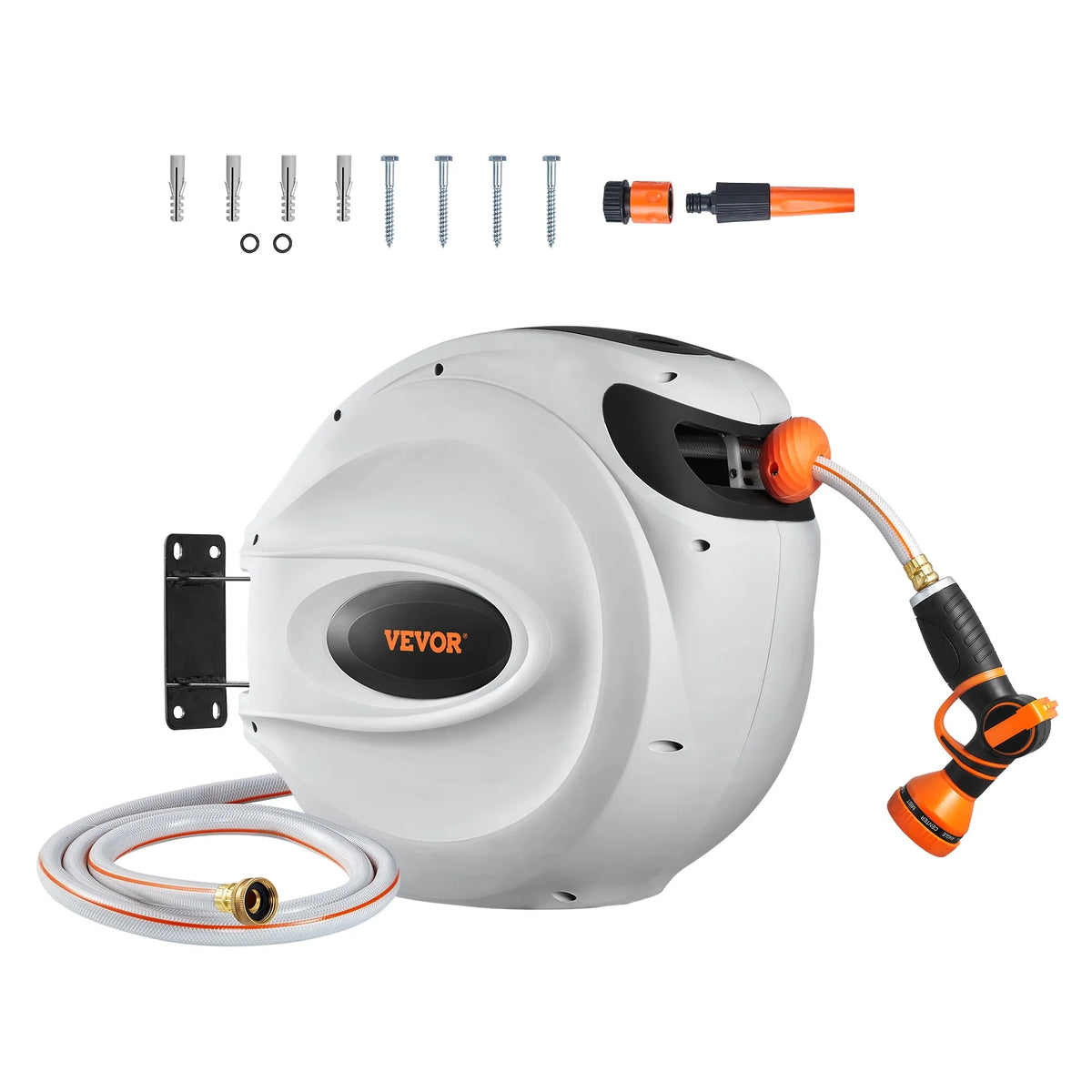 VEVOR Retractable Hose Reel, 84 ft x 5/8 inch, 180 Swivel Bracket Wall-Mounted, Garden Water Hose Reel with 9-Pattern Nozzle, Automatic Rewind, Lock at Any Length, and Slow Return System