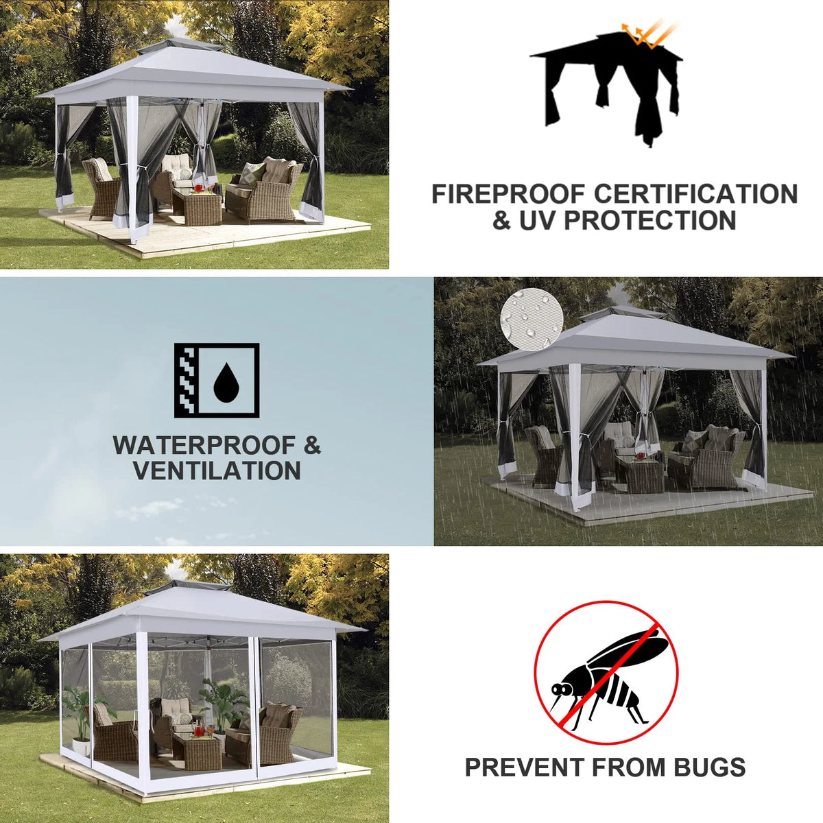 HOTEEL 12x12 Outdoor Pop-up Gazebo Canopy with Mosquito Netting 2-Tiered Vented Top 3 Adjustable Height for Backyard, Garden, Lawn,Light Grey