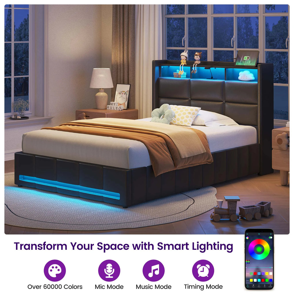 Greenstell Twin Size Lift up Hydraulic Platform Storage Bed Frame with Led Light & Charging Station, Fabric Channel Wingback Headboard, Dark Gray