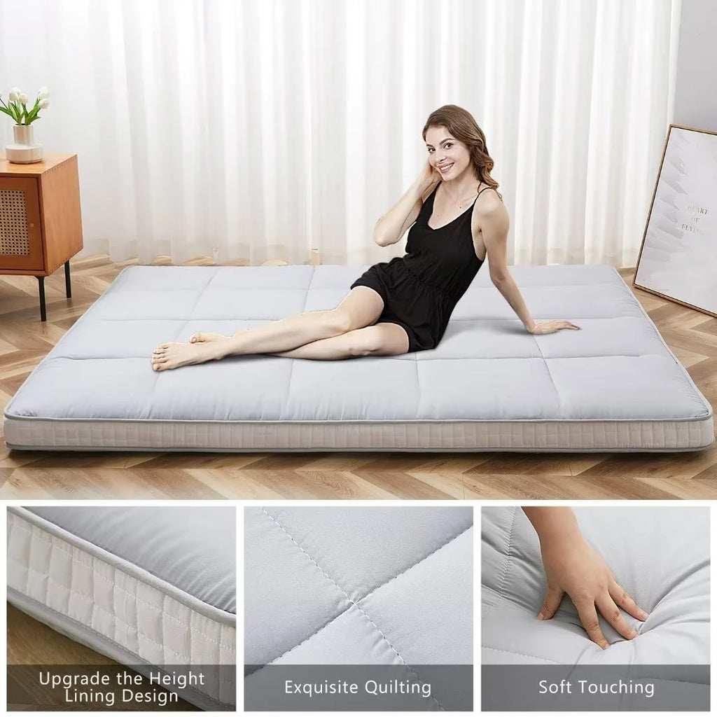 NAIZEA Japanese Floor Mattress, Extra Thick Memory Foam Futon Mattress, Foldable Roll Up Sleeping Pad with Bandage and Storage Bag, Queen, Gray